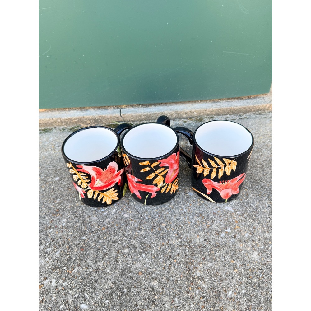 Totally Today Tropical Floral Coffee Mugs Set of 3 Black Red Hibiscus Ceramic